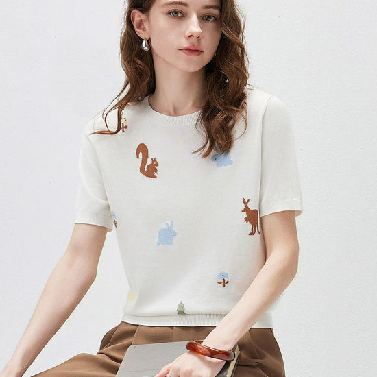 COMOBOCA Women's Forest Animal Intarsia Knit T-Shirt