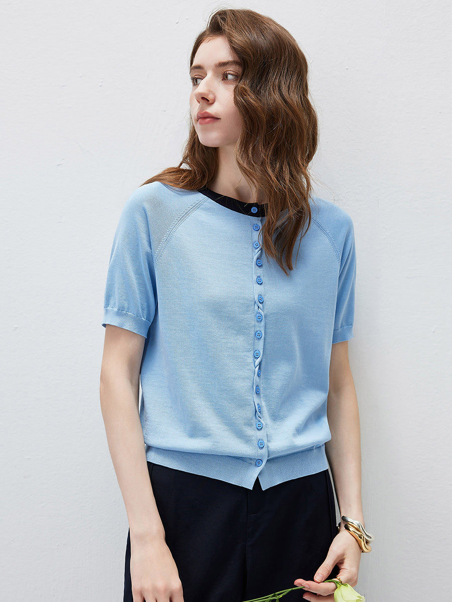 COMOBOCA Women's Contrast Trim Button Front Knit Cardigan