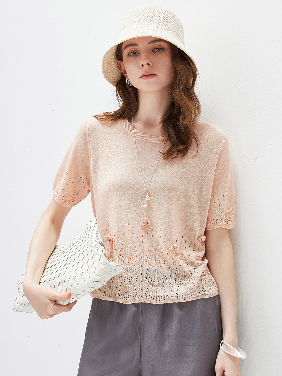 COMOBOCA Light Pink Women's Sheer Openwork Knit T-Shirt