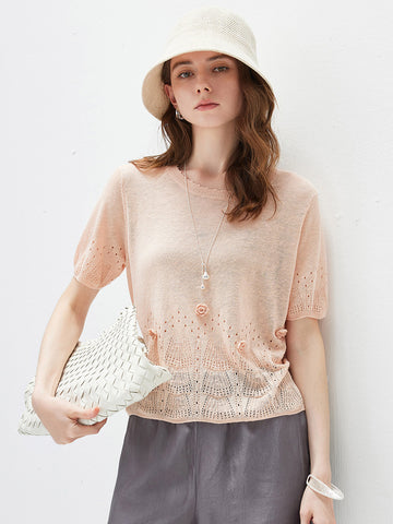 COMOBOCA Light Pink Women's Sheer Openwork Knit T-Shirt