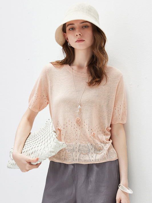 COMOBOCA Light Pink Women's Sheer Openwork Knit T-Shirt
