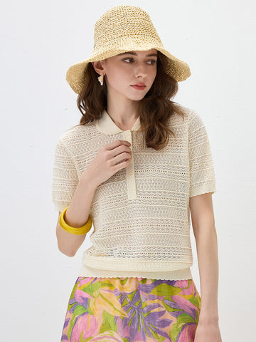 Women's Silk-Cotton Blend Peter Pan Collar Pointelle Knit Short Sleeve Top