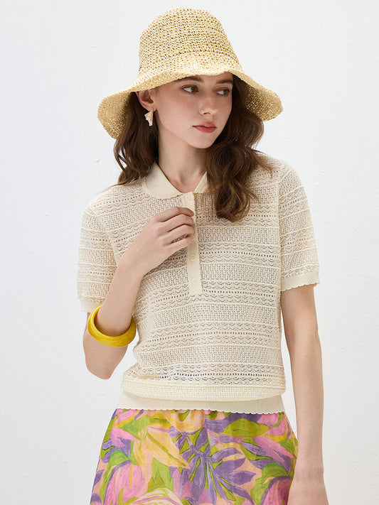Women's Silk-Cotton Blend Peter Pan Collar Pointelle Knit Short Sleeve Top