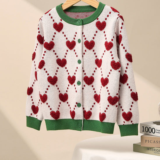 COMOBOCA White 100% Wool Kids' Heart Pattern Knit Cardigan