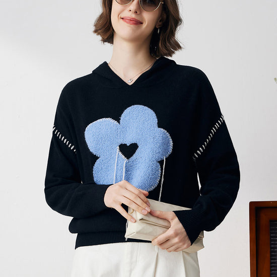 COMOBOCA Floral 100% Cashmere Women's Flower Embroidered Hoodie