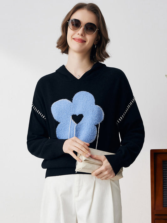 COMOBOCA Floral 100% Cashmere Women's Flower Embroidered Hoodie
