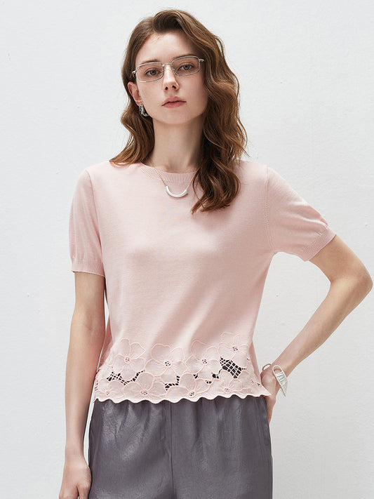 COMOBOCA Light Pink Women's Floral Lace Trim Knit T-Shirt