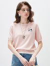 COMOBOCA Light Pink Women's Panda Motif Contrast Trim Knit T-Shirt