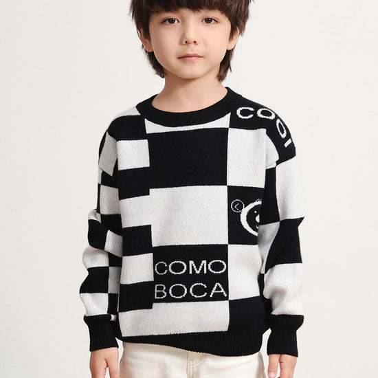 COMOBOCA BLACK 100% Wool Kids' Color Block Round Neck Sweater