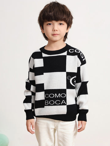 COMOBOCA BLACK 100% Wool Kids' Color Block Round Neck Sweater