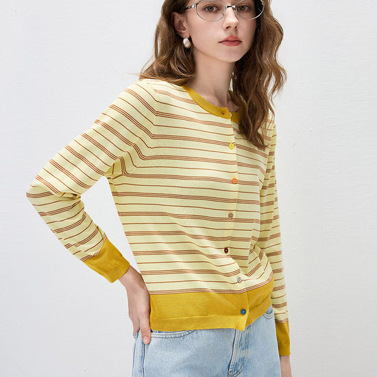 COMOBOCA Women's Striped Color Block Button Front Cardigan