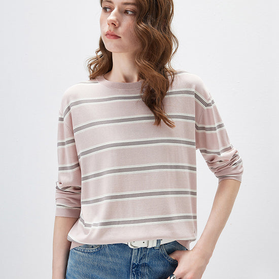 COMOBOCA Women's Striped Round Neck Knit Sweater