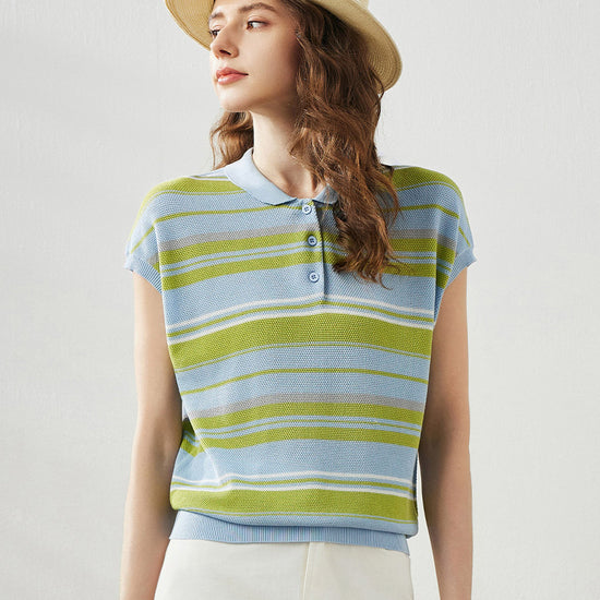 COMOBOCA Women's Striped Knit Polo T-Shirt