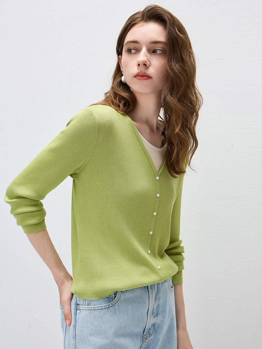 COMOBOCA Women's Ribbed Knit V-Neck Faux Cardigan