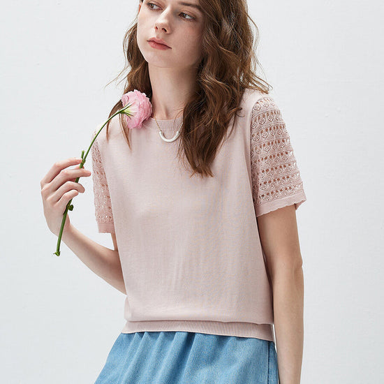 COMOBOCA Women's Lace Round Neck Knit T-Shirt