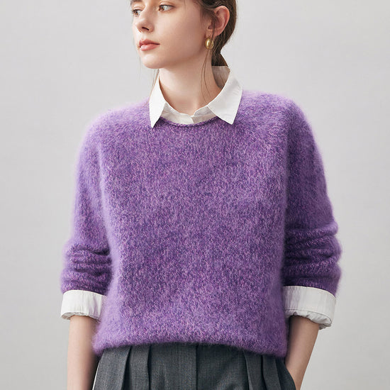 COMOBOCA Purple 100% Wool Women's Fuzzy Round Neck Sweater