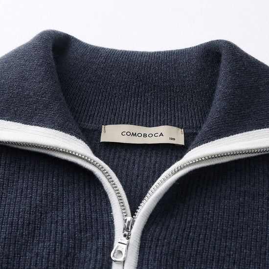 COMOBOCA 100% Cashmere Women's Contrast Trim Zip Sweater