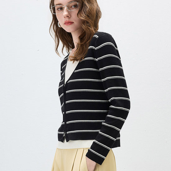 COMOBOCA Women's Striped Ribbed Knit Faux 2-in-1 Zip Cardigan