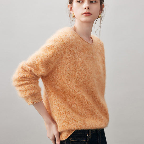 COMOBOCA 100% Wool Women's Fuzzy Round Neck Sweater