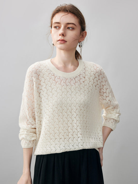 COMOBOCA Cloudy 100% Cashmere Women's Openwork Round Neck Knit Sweater