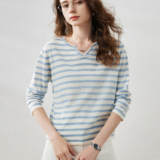 COMOBOCA Women's Striped Long Sleeve V-Neck T-Shirt