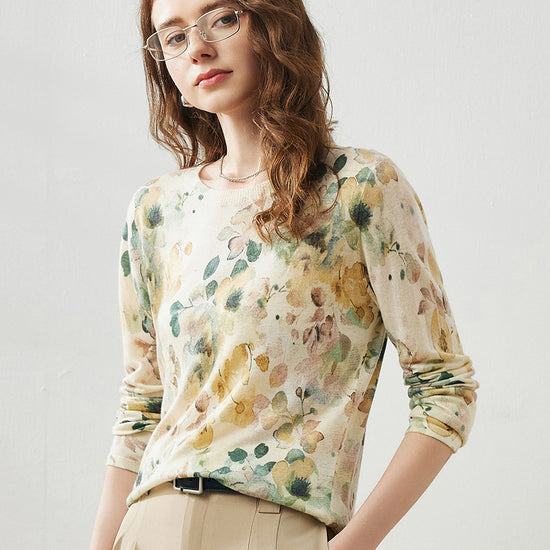COMOBOCA Light Yellow Women's Floral Round Neck Sweater