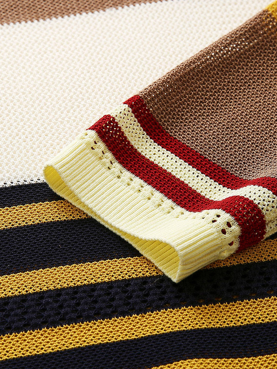 COMOBOCA Women's Multi Striped Mesh Knit Round Neck Sweater