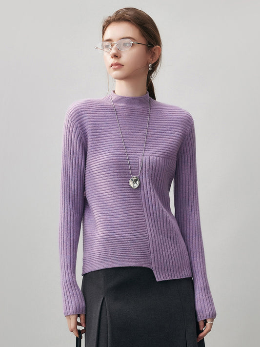 COMOBOCA 100% Cashmere Women's Asymmetric Ribbed Mock Neck Sweater
