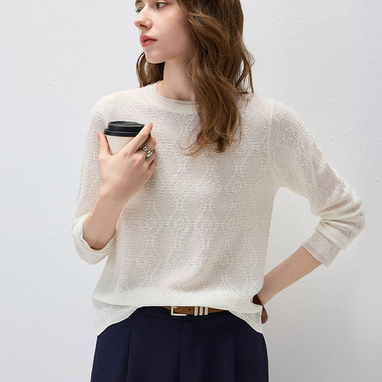 COMOBOCA Women's Textured Sheer Knit Round Neck Sweater