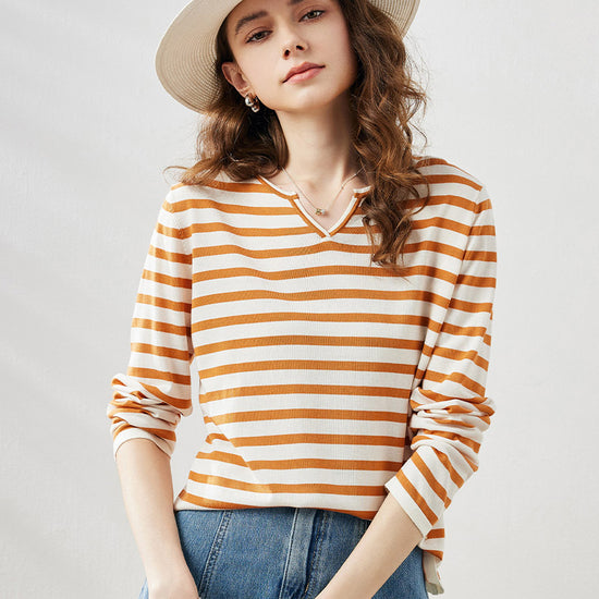 COMOBOCA Yellow Women's Striped Long Sleeve V-Neck T-Shirt