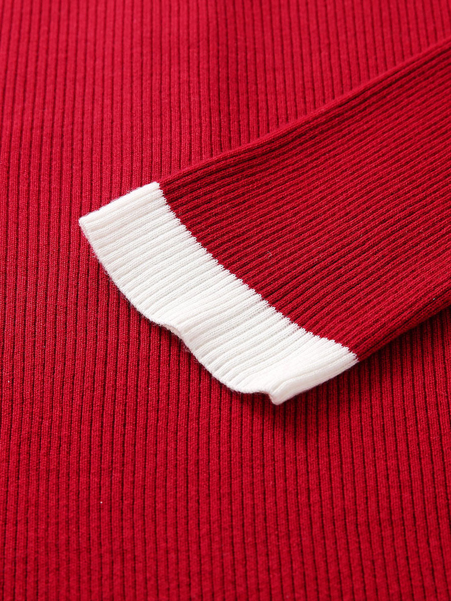 COMOBOCA Women's Ribbed Contrast Trim Henley Knit Sweater