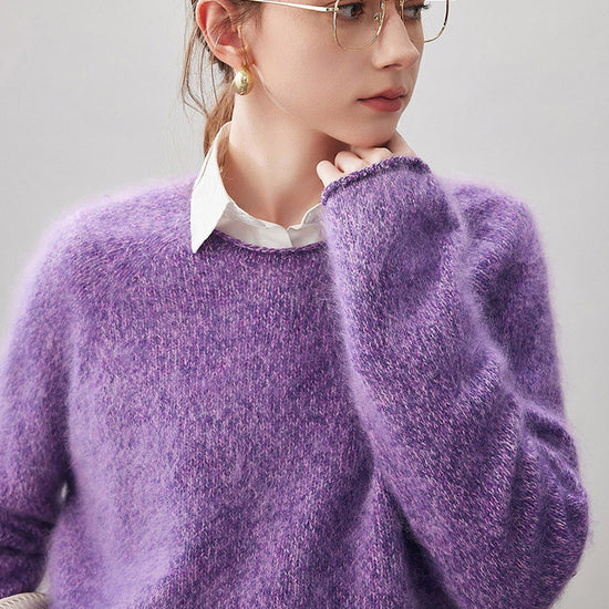 COMOBOCA 100% Wool Women's Fuzzy Round Neck Sweater