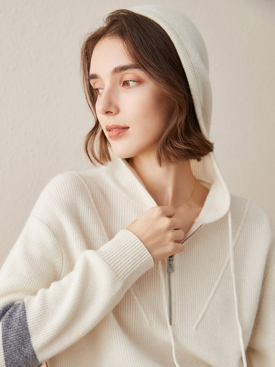 COMOBOCA 100% Cashmere Women's Half Zip Sweater Knit Hoodie
