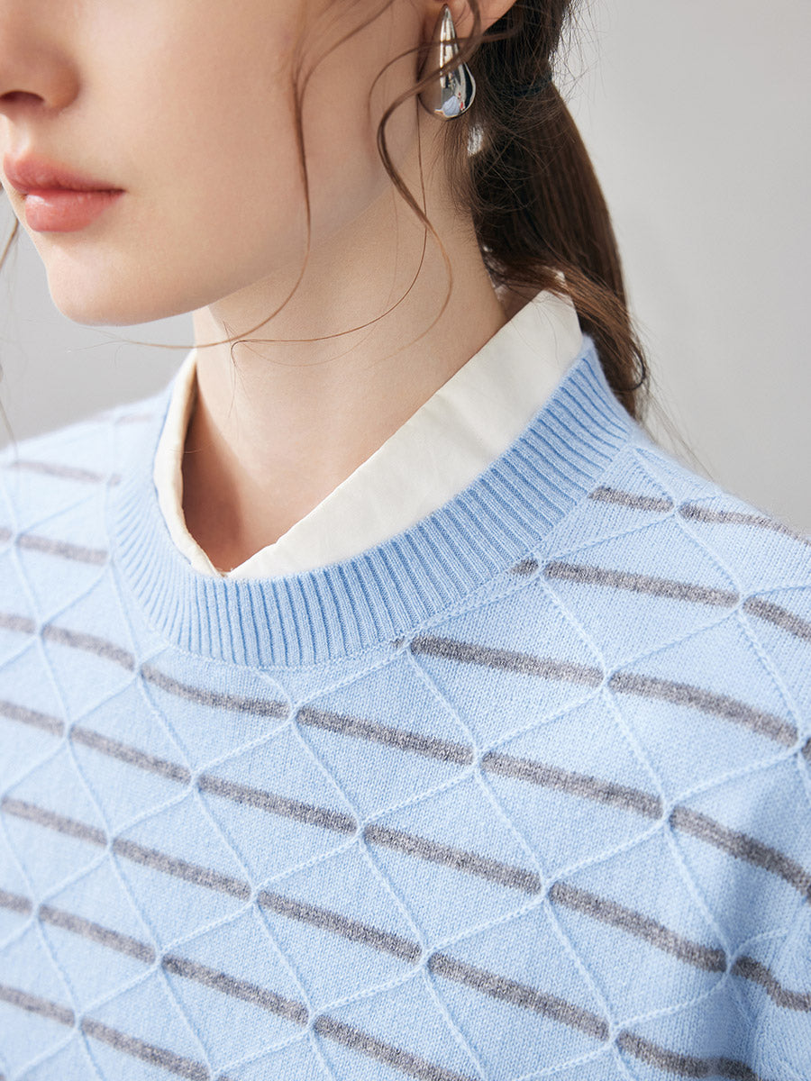 COMOBOCA 100% Cashmere Women's Striped Round Neck Knit Sweater