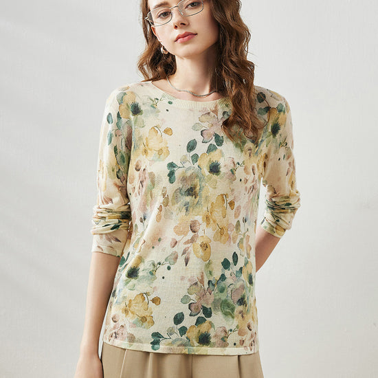 COMOBOCA Women's Floral Round Neck Sweater
