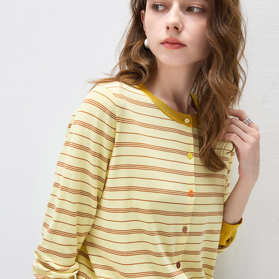 COMOBOCA Women's Striped Color Block Button Front Cardigan