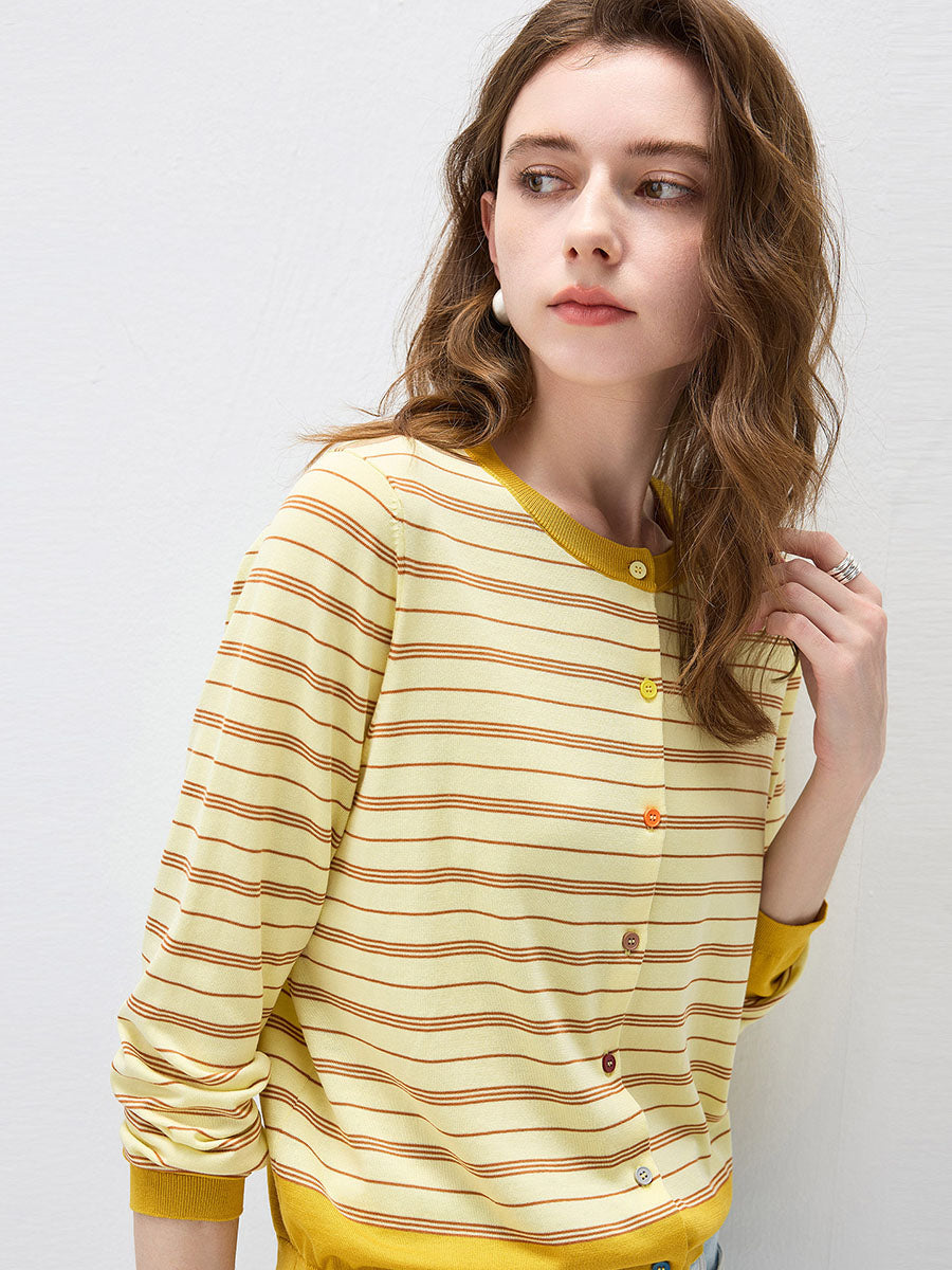 COMOBOCA Women's Striped Color Block Button Front Cardigan