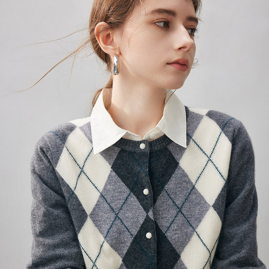 COMOBOCA 100% Cashmere Women's Argyle Pattern Cardigan