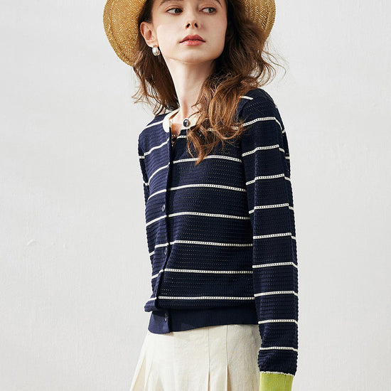 COMOBOCA Women's Striped Ribbed Button Down Cardigan
