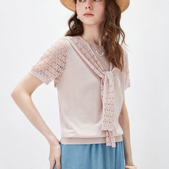 COMOBOCA Women's Lace Round Neck Knit T-Shirt