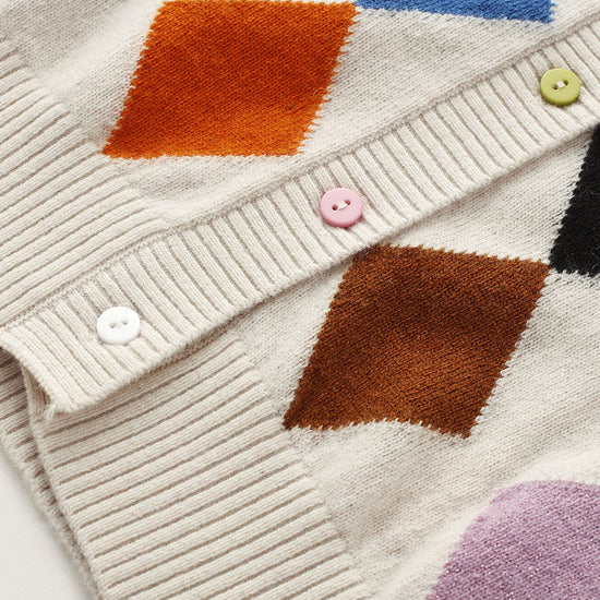 COMOBOCA 100% Wool Kids' Colorful Buttons Argyle Cardigan