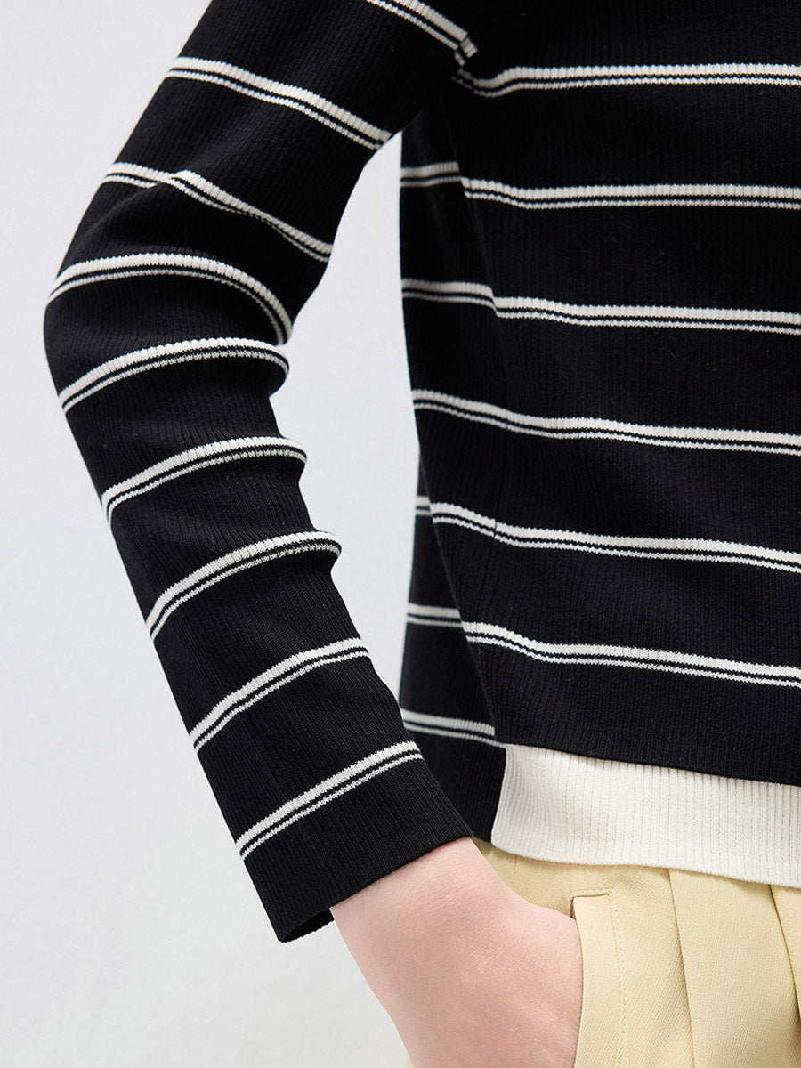 COMOBOCA Women's Striped Ribbed Knit Faux 2-in-1 Zip Cardigan