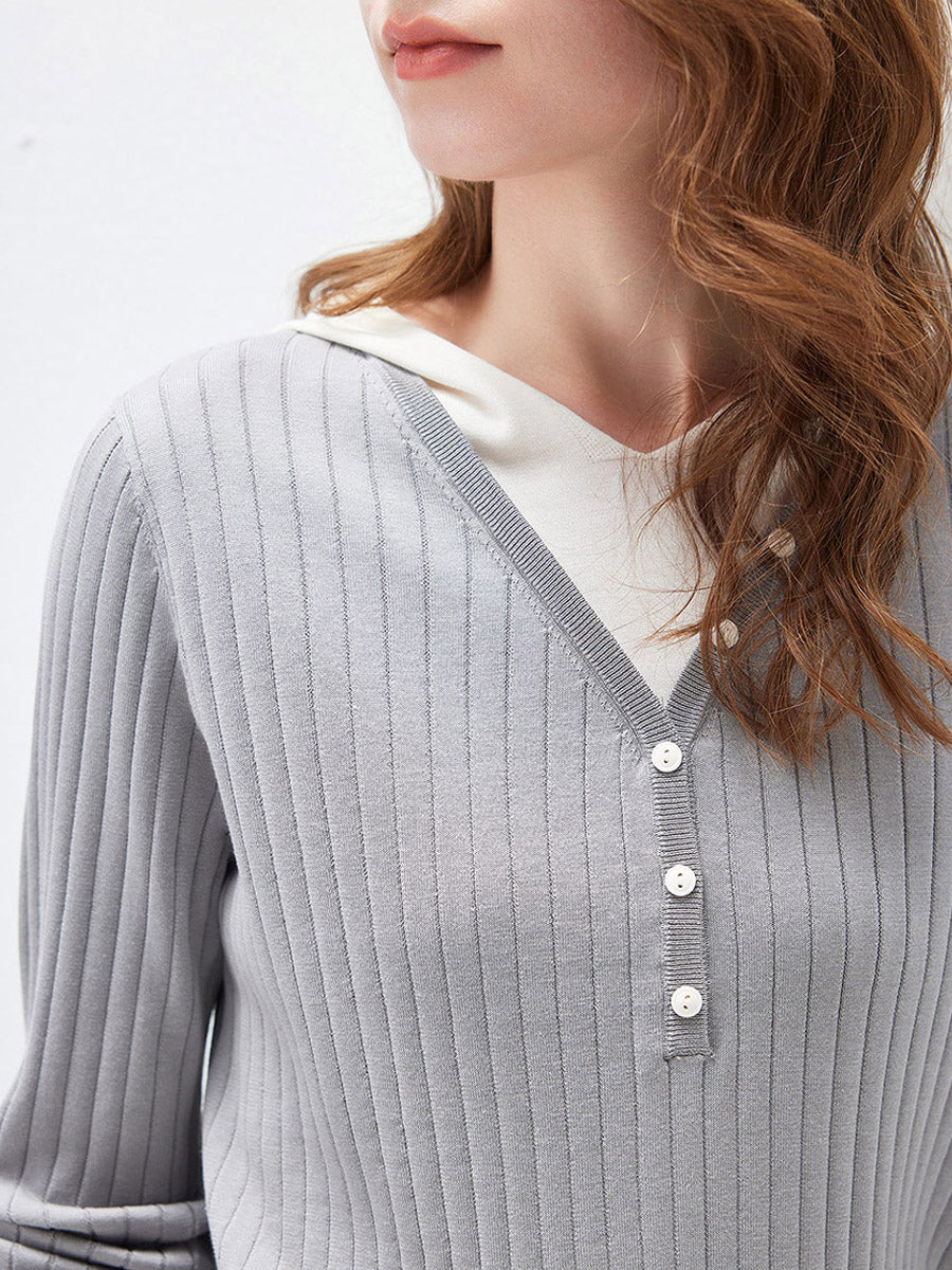 COMOBOCA Women's Layered Ribbed Knit Hooded Henley Top