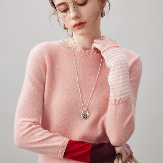 COMOBOCA 100% Cashmere Women's Color-Blocked Sleeve Knit Sweater