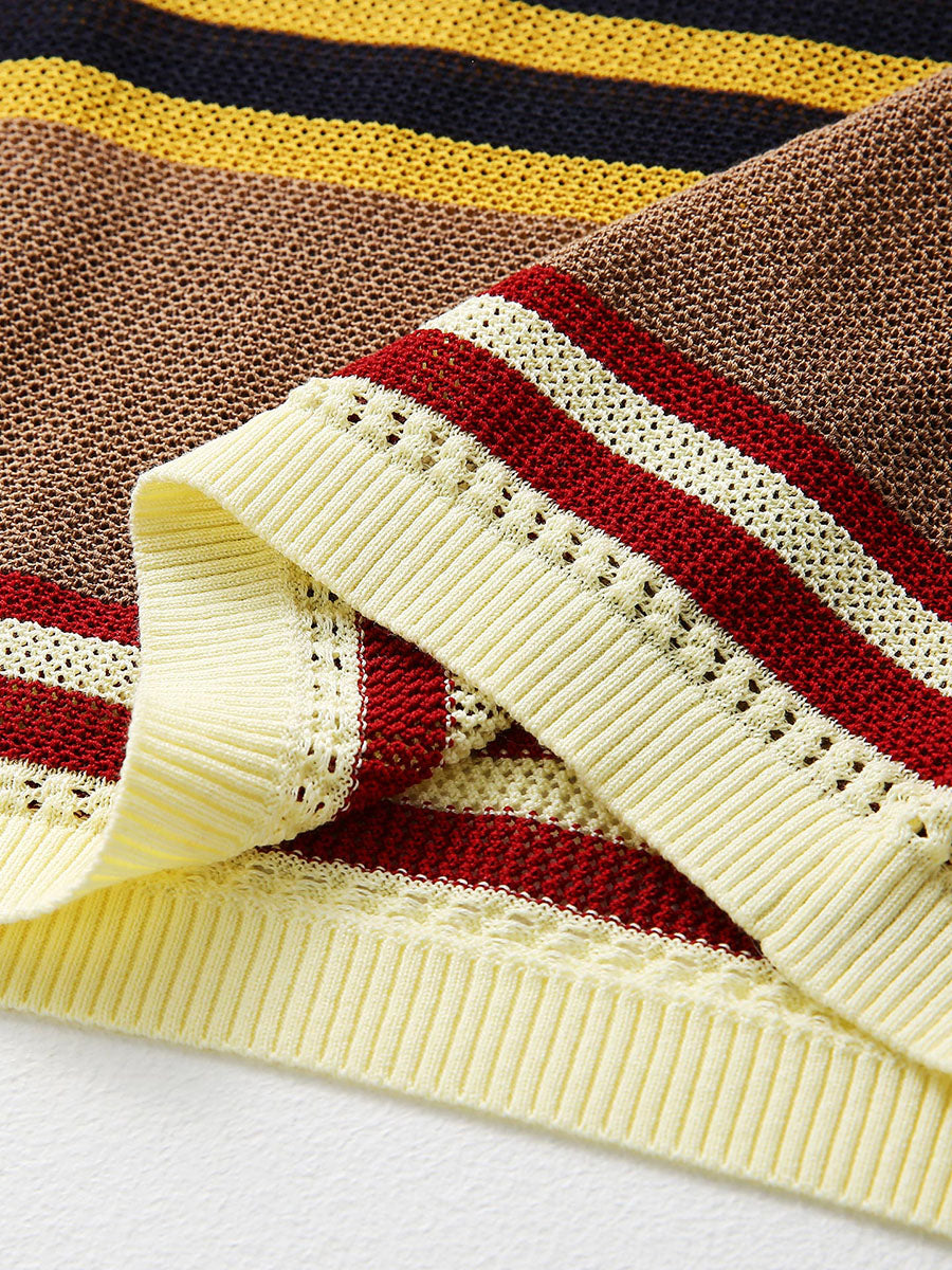 COMOBOCA Women's Multi Striped Mesh Knit Round Neck Sweater