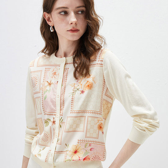 COMOBOCA Women's Printed Panel Knit Cardigan