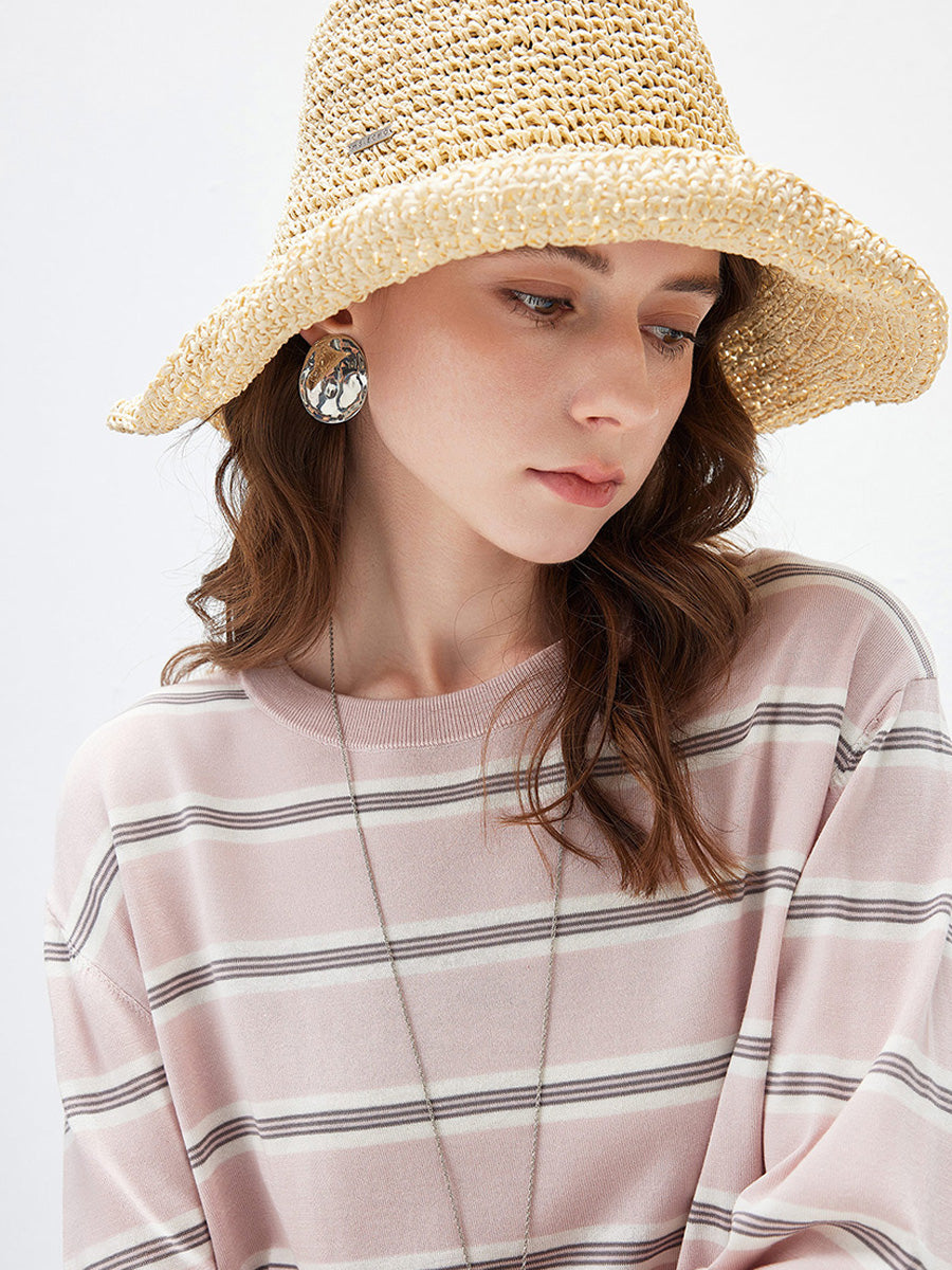 COMOBOCA Women's Striped Round Neck Knit Sweater