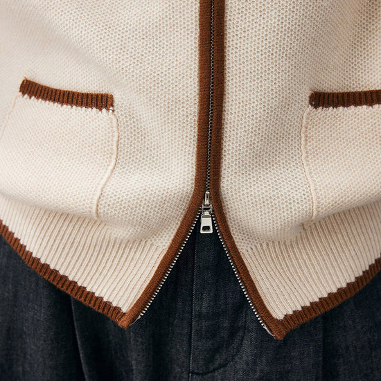COMOBOCA 100% Cashmere Women's Contrast Collar Double Zip Cardigan