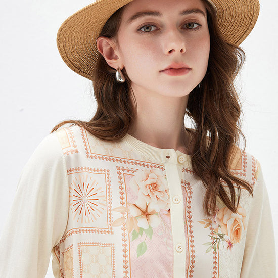 COMOBOCA Women's Printed Panel Knit Cardigan