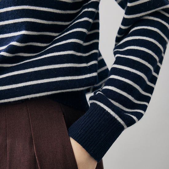 COMOBOCA 100% Cashmere Women's Striped Round Neck Sweater